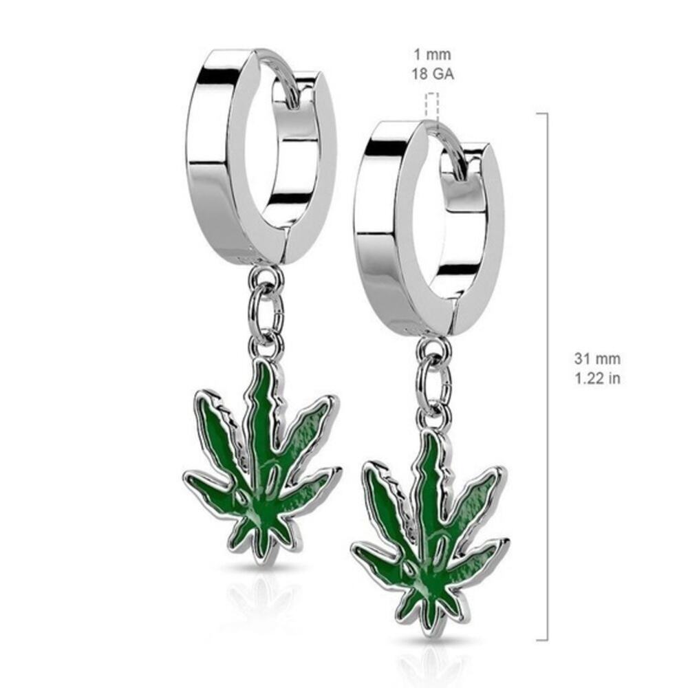 NWOT Pair of‎ 316L Stainless Steel Hoop Earrings with Pot Leaf Epoxy Dangle
